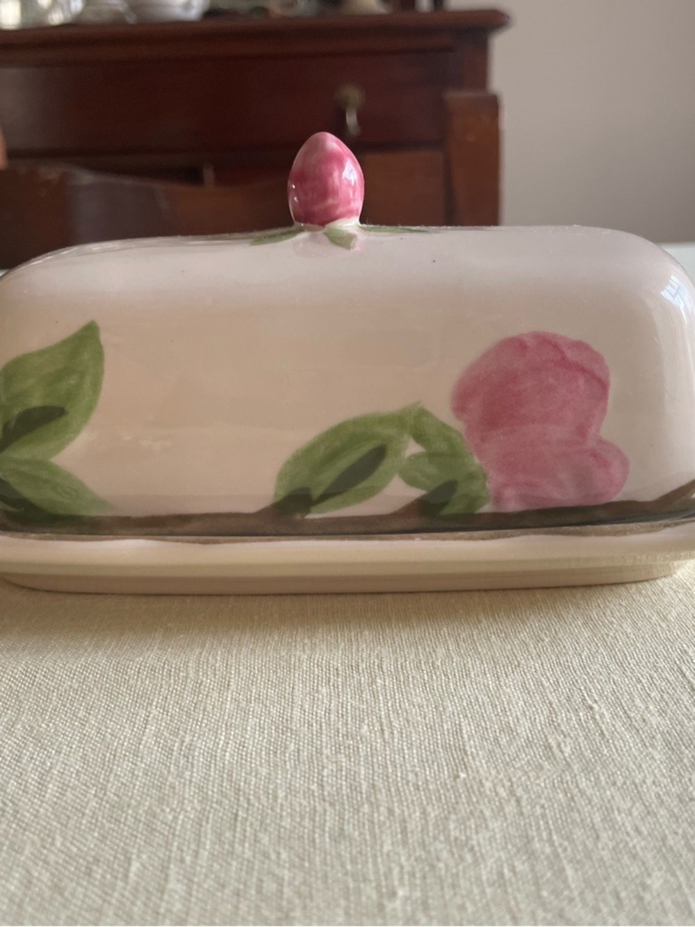 Franciscan Desert Rose Ceramic Butter Dish Pink Floral Green Leaves